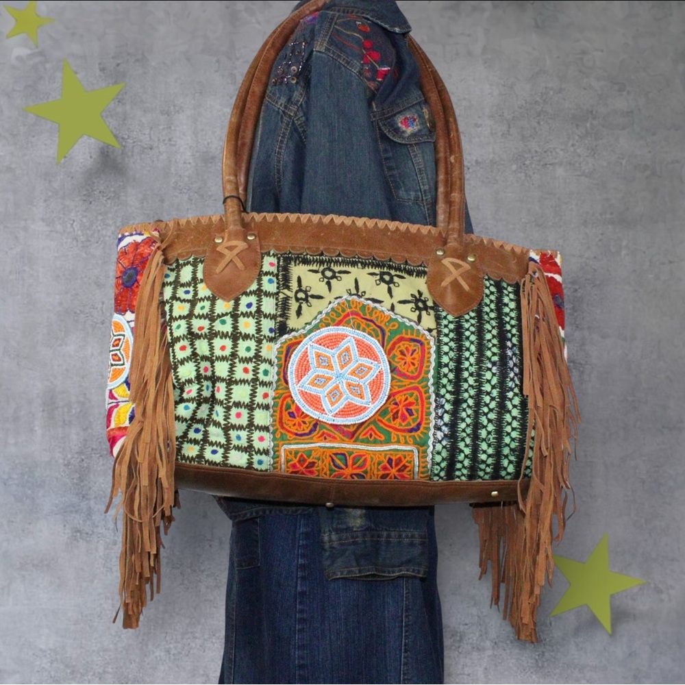 Boho Patchwork Tote Bag Fringe‎ Leather Handles